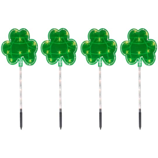 4ct Green St Patrick's Day Shamrock Pathway Marker Lawn Stakes Clear Lights By Northlight | 24" x 10.5" x 1" | Michaels®
